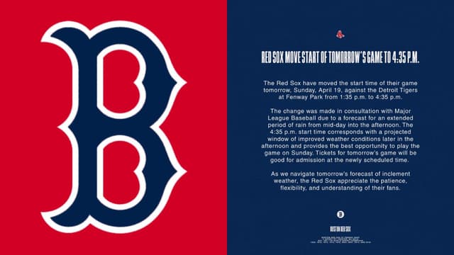 Boston Red Sox Move Tigers Game to 4:35 p.m. at Fenway
