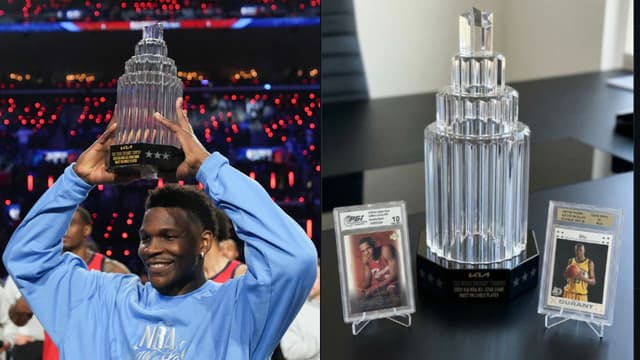 Anthony Edwards Flexes All-Star MVP Trophy With LeBron and Kevin Durant Rookie Cards