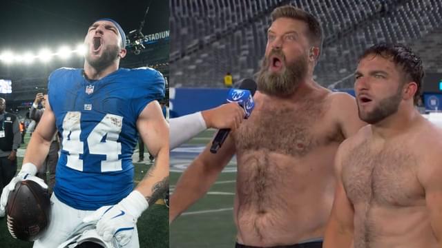Cam Skattebo and Ryan Fitzpatrick Take Off Their Shirts to Celebrate Giants’ Win