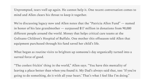 Josh Allen Moved by Patricia Allen Fund’s Life-Saving Impact