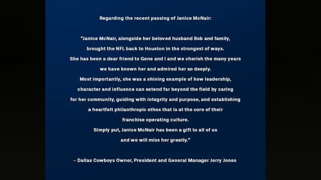 Jerry Jones Pays Tribute to Texans Co-Founder Janice McNair
