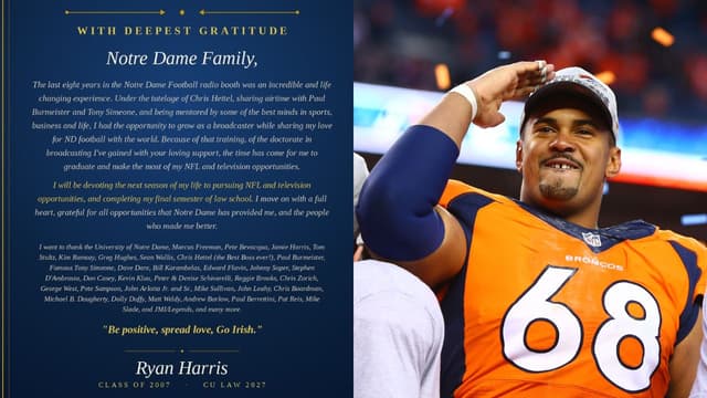 Ryan Harris Leaves Notre Dame Booth to Pursue NFL Broadcasting