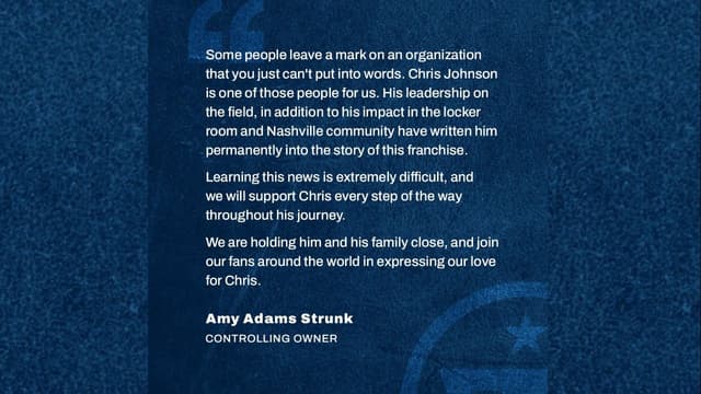 Titans Owner Amy Adams Strunk Issues Statement on Chris Johnson's ALS Diagnosis
