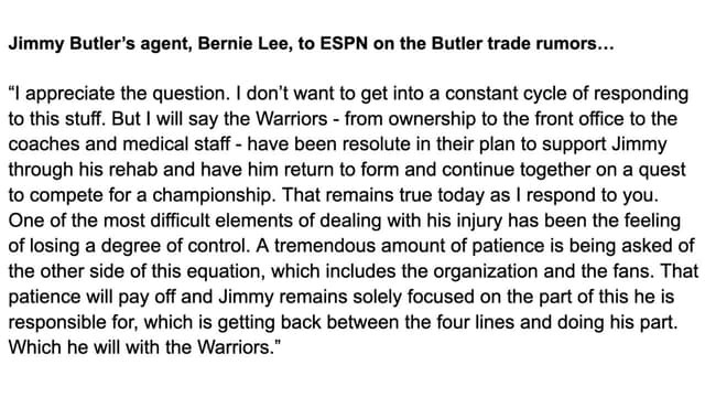 Bernie Lee Says Warriors Remain Committed to Jimmy Butler Rehab Plan