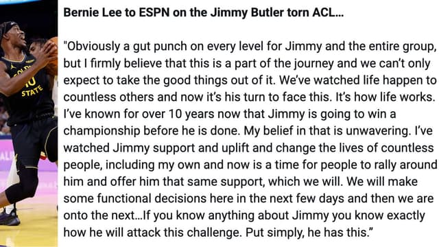 Bernie Lee Calls Jimmy Butler's ACL Tear a “Gut Punch,” Predicts Title Run