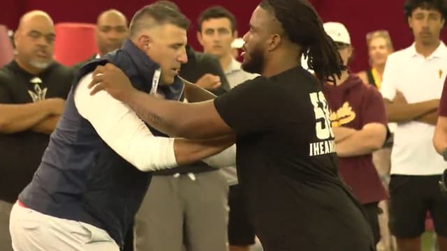 Mike Vrabel Joins the Field to Test 6’6”, 321 lbs Max Iheanachor at ASU’s Pro Day