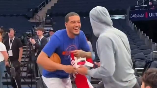 Josh Hart Wipes His Backside With Sochan's Arsenal Jersey at NBA Finals Media Day