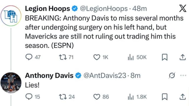 Anthony Davis Calls Shams Charania's Report "Lies"
