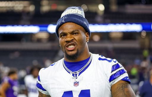 Aug 16, 2025; Arlington, Texas, USA; Dallas Cowboys defensive end Micah Parsons (11) reacts after the game against the Baltimore Ravens at AT&T Stadium. Mandatory Credit: Kevin Jairaj-Imagn Images