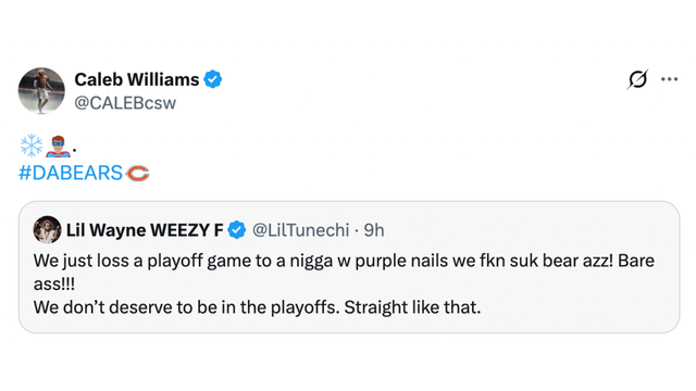Caleb Williams Responds to Packers Superfan Lil Wayne After Bears’ Stunning Playoff Rally