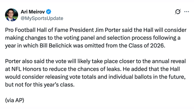 Hall of Fame Weighs Voting Changes After Bill Belichick Omission