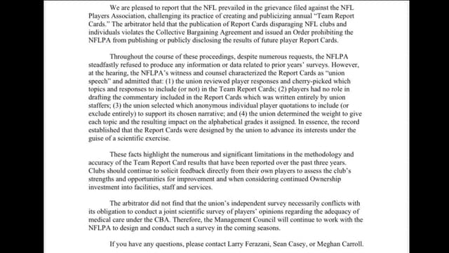 Arbitrator Sides With NFL, Orders NFLPA To Halt Public Report Cards