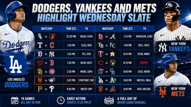 Dodgers, Yankees and Mets Headline Packed 14-Game Wednesday MLB Slate