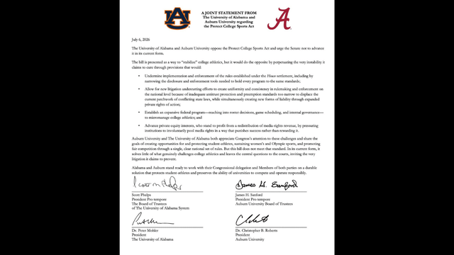 Auburn, Alabama Oppose Protect College Sports Act in Joint Statement