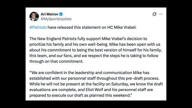 Patriots Back Mike Vrabel’s Decision To Prioritize Family and Well-Being