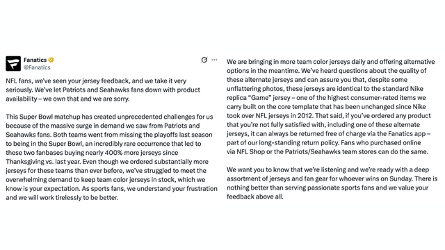 Fanatics Apologizes for Super Bowl 2026 Jersey Shortages, Defends Quality