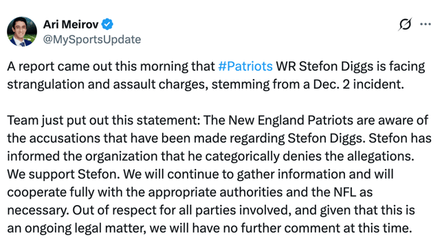 Patriots Issue Statement After Report on Stefon Diggs Facing Criminal Charges