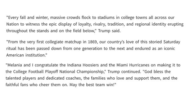 President Trump Congratulates Indiana, Miami Ahead of CFP National Championship