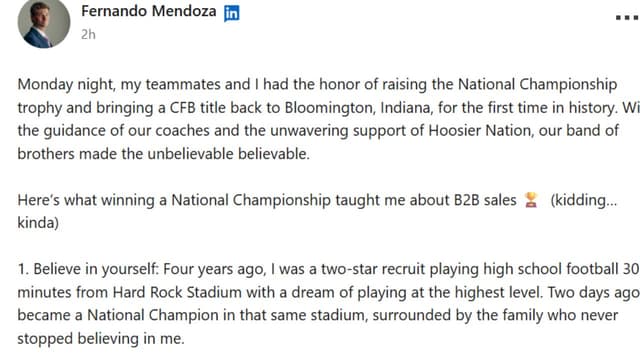 Fernando Mendoza Shares What Indiana’s Win Taught Him About B2B Sales