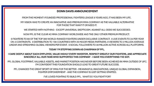 Donn Davis Steps Down as PFL Chairman After Eight Years